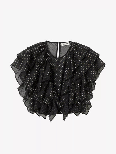 Sandro Ruffled sequin-embroidered stretch-tulle crop top at Collagerie
