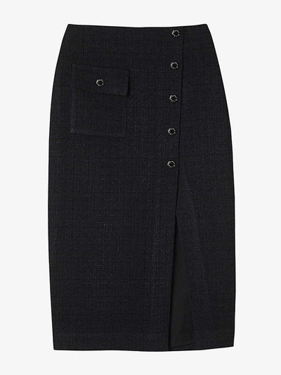 Sandro Black front-split button-embellished tweed midi skirt at Collagerie