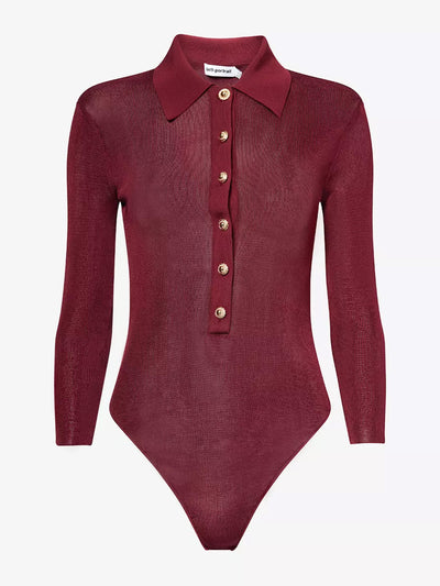Self-Portrait Long-sleeve viscose knit polo bodysuit at Collagerie