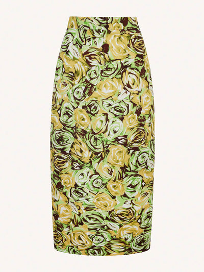 Emilia Wickstead Lorelei skirt in abstract roses green & lemon twill at Collagerie