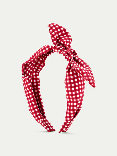 Small Stuff Burgundy gingham bow headband at Collagerie