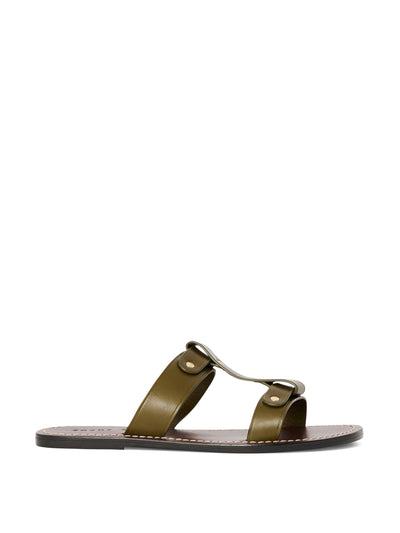 Soeur Olive Green leather flat sandals at Collagerie