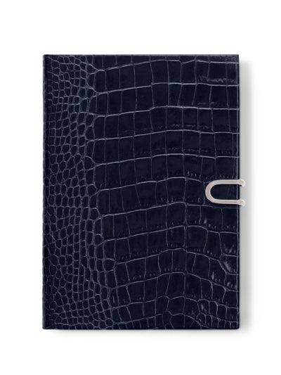 Smythson Soho Notebook with slide closure in Navy Mara leather at Collagerie