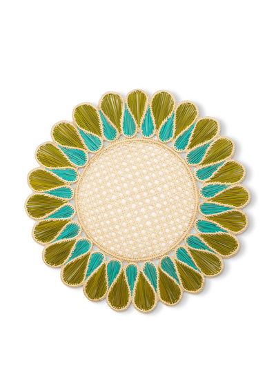 Summerill & Bishop Drops woven straw placemat in olive green & aquamarine at Collagerie