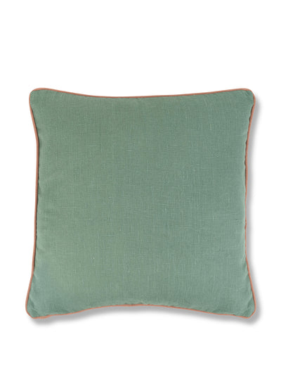 Volga Linen Teal cushion with terracotta sirin trim at Collagerie