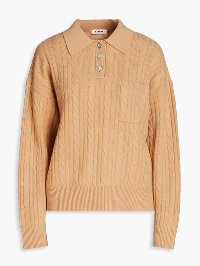 Sandro Erudine cable-knit wool and cashmere-blend polo sweater at Collagerie