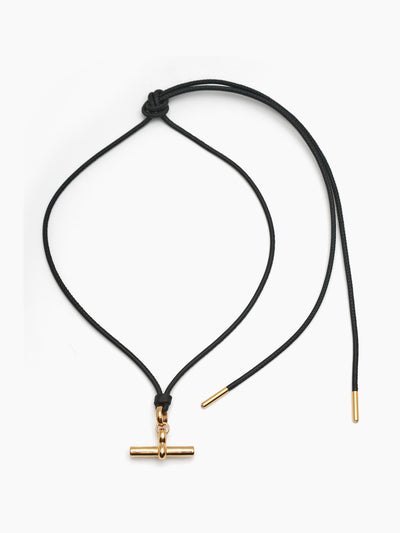 Tilly Sveaas Medium gold T-Bar on noir leather necklace at Collagerie