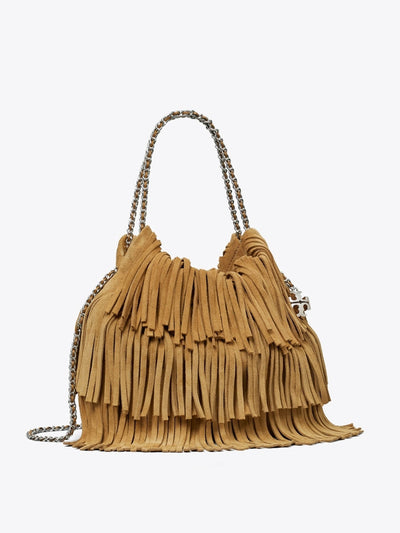 Tory Burch Mini Fleming suede fringe boho bag at Collagerie