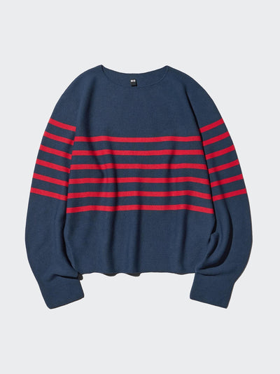 Uniqlo 3D knit seamless cotton crew neck volume sleeve jumper (striped) at Collagerie