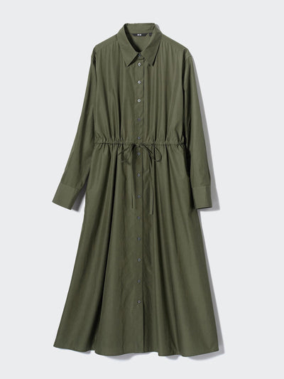 Uniqlo Cotton long sleeved shirt dress in Khaki at Collagerie