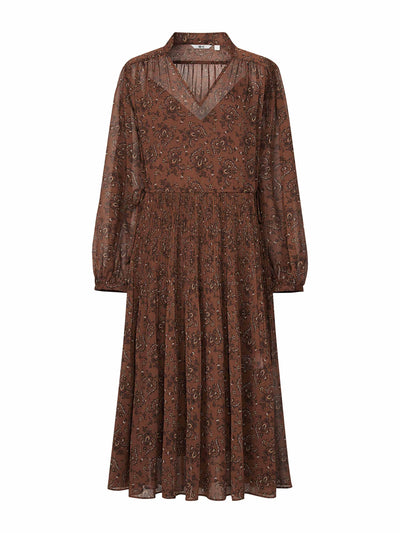 Uniqlo : C Brown pleated printed long sleeved dress at Collagerie