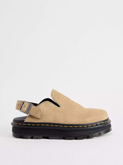 Dr. Martens Tan zebzag suede mules at Collagerie