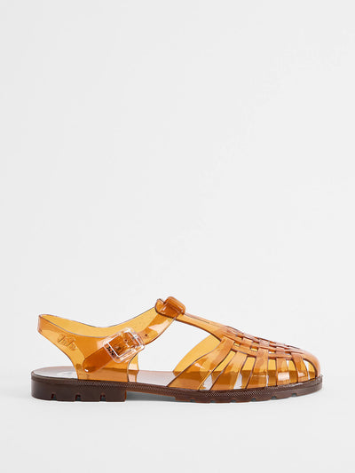 Juju Riley brown fisherman jelly shoes at Collagerie