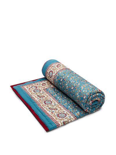 V&A Shop Blue and red floral hand-printed quilt at Collagerie