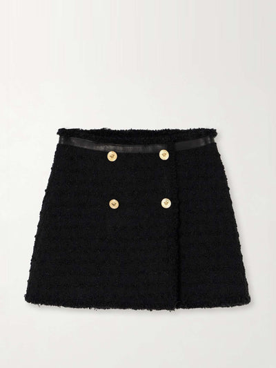 Versace Wrap-effect leather-trimmed checked wool-blend bouclé-tweed mini skirt at Collagerie