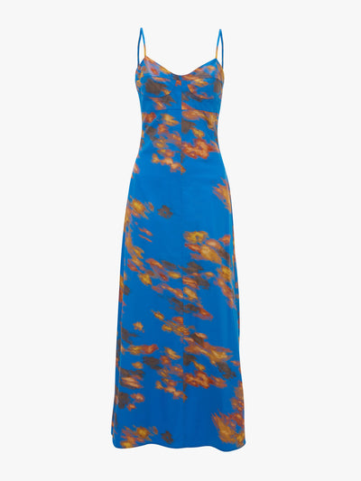 Victoria Beckham Cami fit and flare midi dress in blue abstract floral print at Collagerie