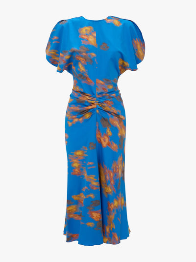 Victoria Beckham Gathered waist midi dress in blue abstract floral print at Collagerie
