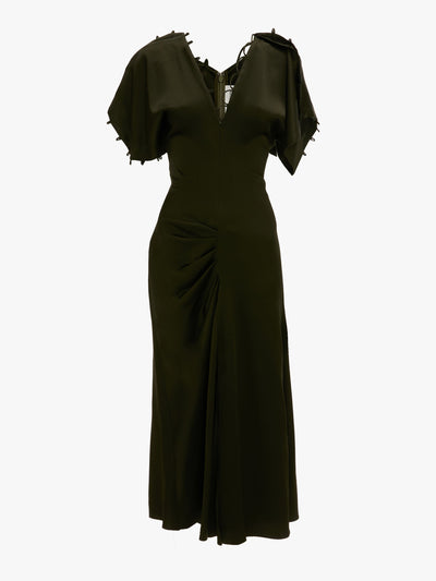 Victoria Beckham Rouleaux detail midi dress in dark olive at Collagerie