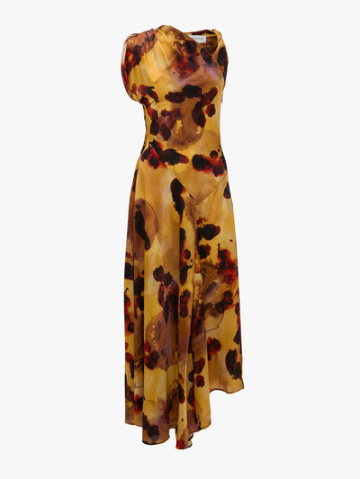 Victoria Beckham Sleeveless draped midi dress in amber floral print at Collagerie