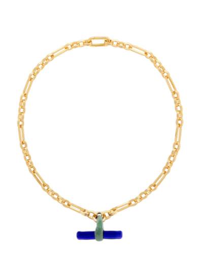 Sandralexandra Glass T bar mixed chain sage green and blue necklace at Collagerie