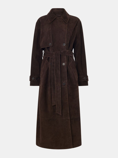 Whistles Chocolate suede trench coat at Collagerie