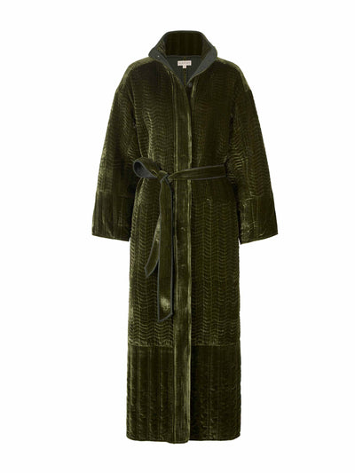 Wiggy Kit Green velvet quilted coat at Collagerie