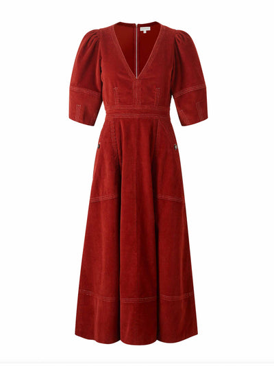 Wiggy Kit Red corduroy mid dress at Collagerie