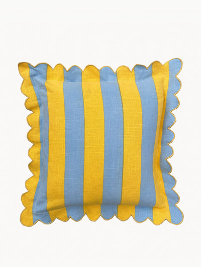 Amuse La Bouche Lemon & azure outdoor stripe scallop cushion cover at Collagerie