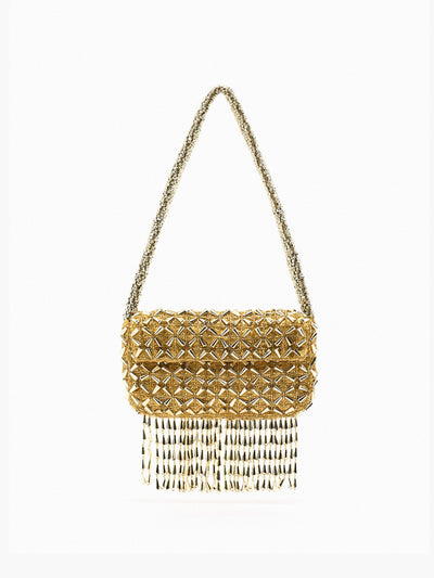 Zara Gold beaded shoulder bag with fringing at Collagerie