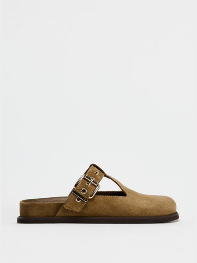 Zara Buckle detail split suede clogs at Collagerie