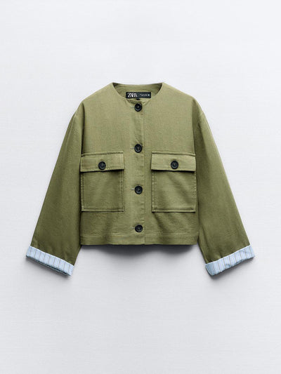 Zara Cropped linen-blend jacket with contrast cuffs at Collagerie