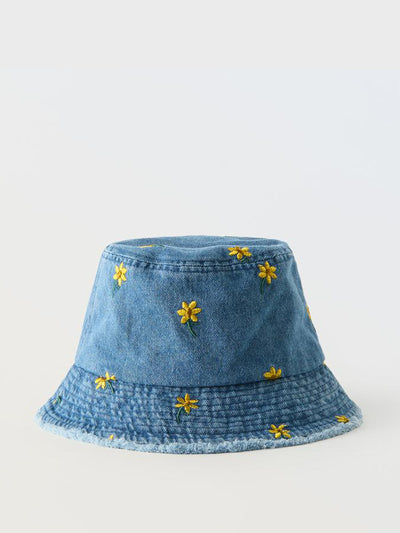 Zara Embroidered floral denim bucket hat at Collagerie