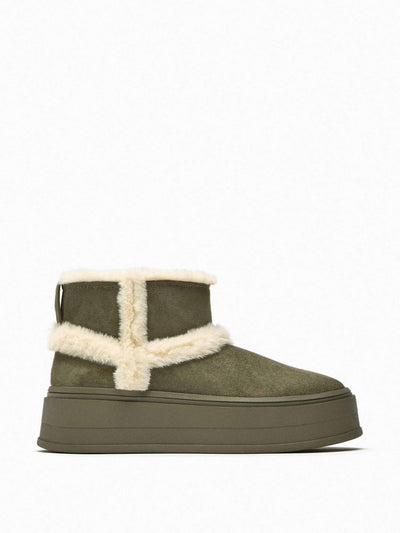 Zara Khaki faux-fur flatform ankle boots at Collagerie