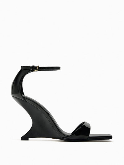 Zara Black faux patent wedge sandals at Collagerie