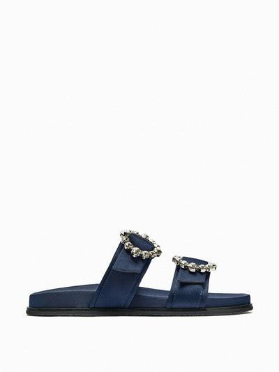 Zara Navy flat slider sandals with rhinestone buckles at Collagerie