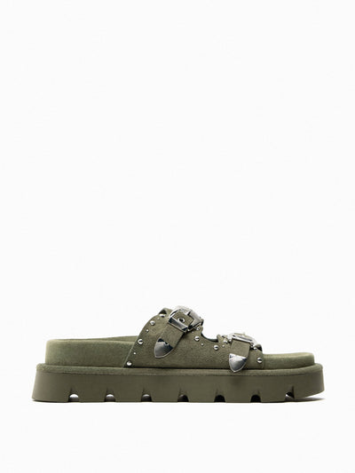 Zara Khaki leather sandals with studs at Collagerie