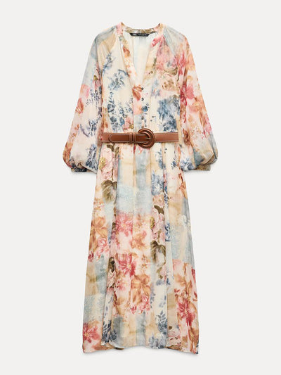 Zara Floral print midi dress with belt at Collagerie