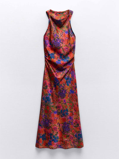 Zara Multicoloured floral print satin midi dress at Collagerie