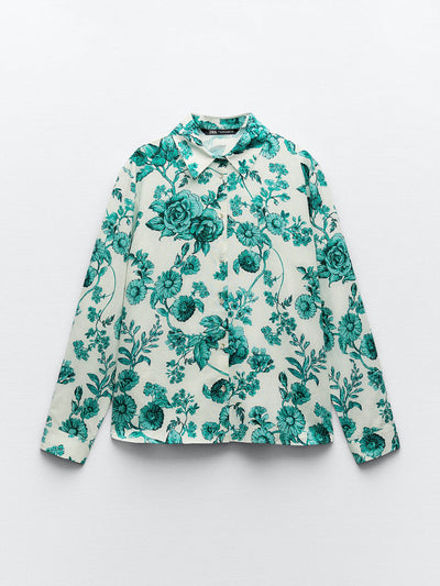 Zara Green floral print linen blend shirt at Collagerie