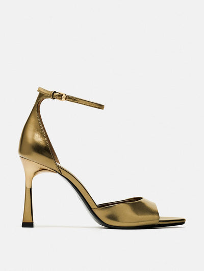 Zara Metallic high-heel sandals with ankle strap at Collagerie