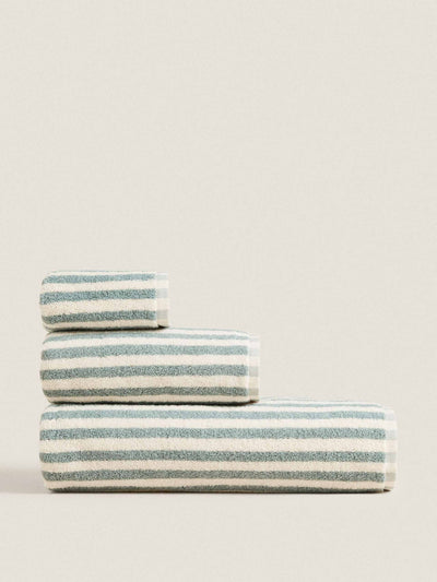 Zara Home Blue and white striped jacquard towels at Collagerie