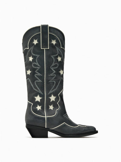 Zara Black leather cowboy boots with stars at Collagerie