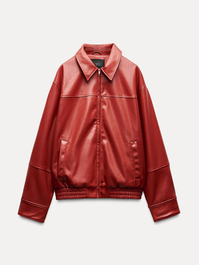 Zara Leather effect bomber jacket at Collagerie