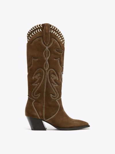 Zara Leather embroidered boots at Collagerie