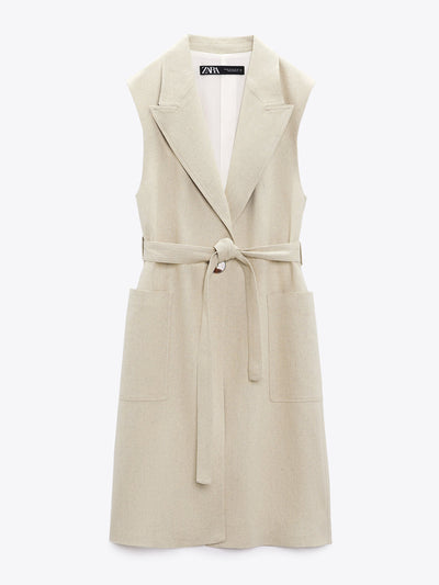 Zara Linen blend long waistcoat in beige at Collagerie