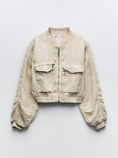 Zara Sand linen bomber jacket with pockets at Collagerie