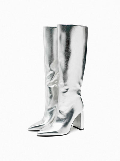 Zara Metallic high heel boots at Collagerie