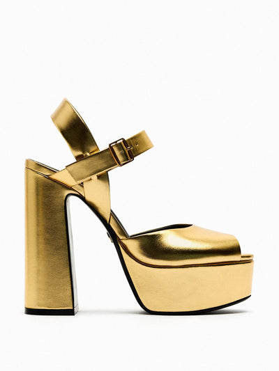 Zara Gold heeled platform sandals at Collagerie