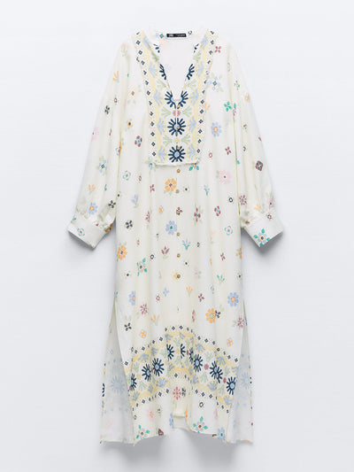 Zara Printed linen-blend white kaftan at Collagerie