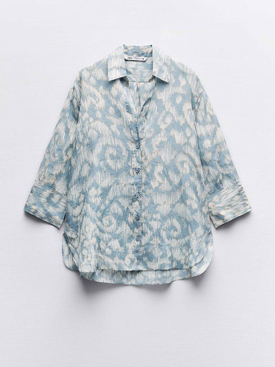 Zara Blue printed ramie shirt at Collagerie